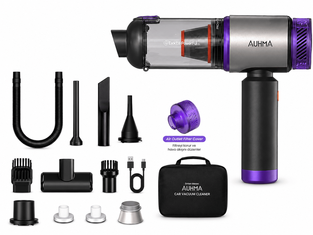 AUHMA AHV-27 22.000Pa Kablosuz Araç İçi El Süpürgesi 220W Güçlü Motor 9.000mAh Şarjlı Hava Üfleyici Araç & Ev Temizlik Süpürgesi Mor