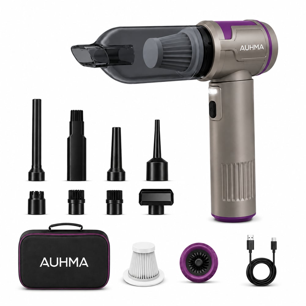 Auhma AHV-41 20.000 Pa Kablosuz Araç Süpürgesi – 100W Güç, Dijital Ekran, LED Fener, Güçlü Süpürge Gri-Mor