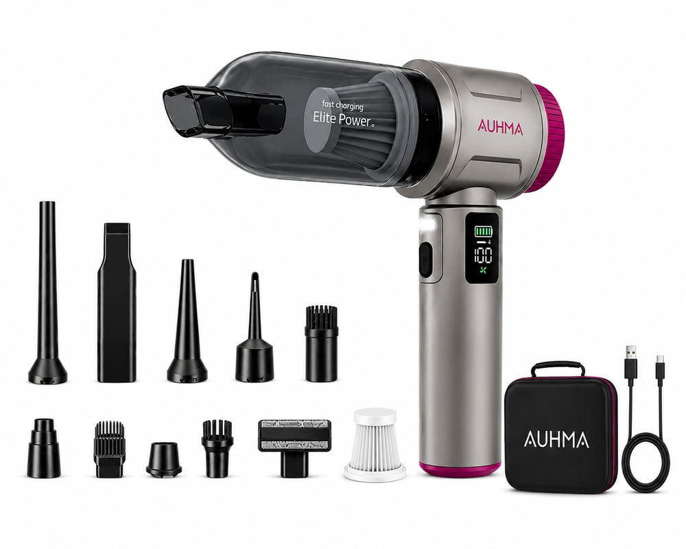 Auhma AHV-42 20.000 Pa Kablosuz Araç Süpürgesi – 100W Güç, Dijital Ekran, LED Fener, Güçlü Süpürge Gri-Mor