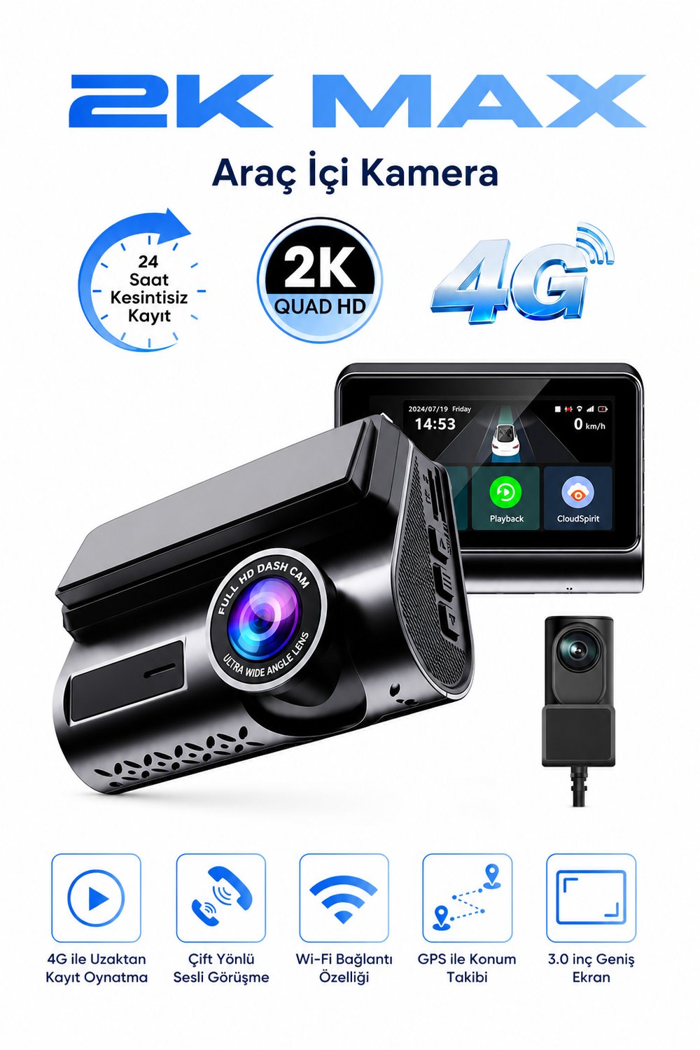 Bagajon 2K Max Araç İçi Kamera 4G Çift Kameralı WiFi GPS Uzaktan Canlı İzleme Gece Görüşlü G-Sensör 24 Saat Park Modu