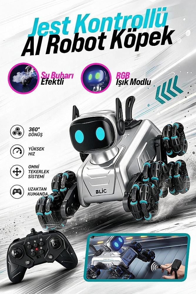 Bagajon BRB2 AI Akıllı Robot Köpek 2.4GHz Uzaktan Kumandalı Jest ve Ses Kontrollü 360° Akrobatik RGB Işıklı Buhar Efektli Şarjlı Oyuncak