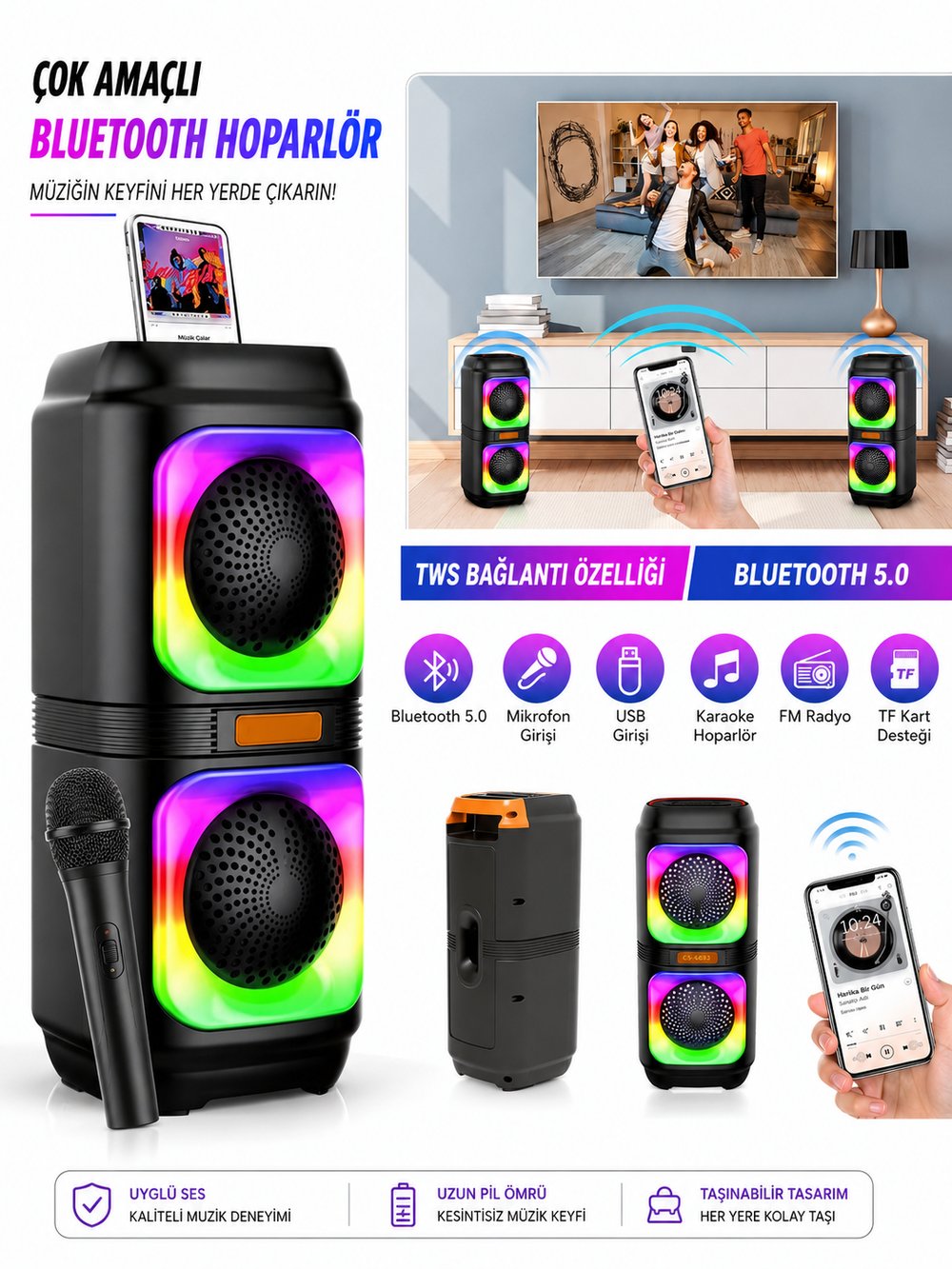 Blic BLS-48 Şarjlı Taşınabilir Bluetooth Hoparlör – Extra Bass, RGB Disko Işıkları, Mikrofonlu