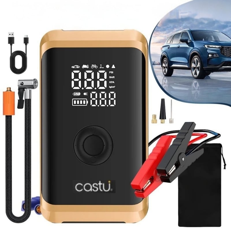 Castu Cs71 Plus Akü Takviye Cihazı | 4'ü 1 Arada Powerbank, Hava Kompresörü, LCD Ekran, 12.000mAh 150PSI