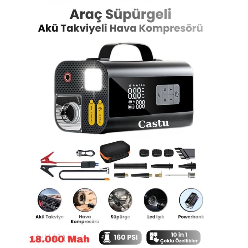 Castu Jump Starter Süpürgeli Akü Takviye Cihazı 10 in 1 Powerbank, Hava Kompresörü, LCD EKRAN,18.000MAH