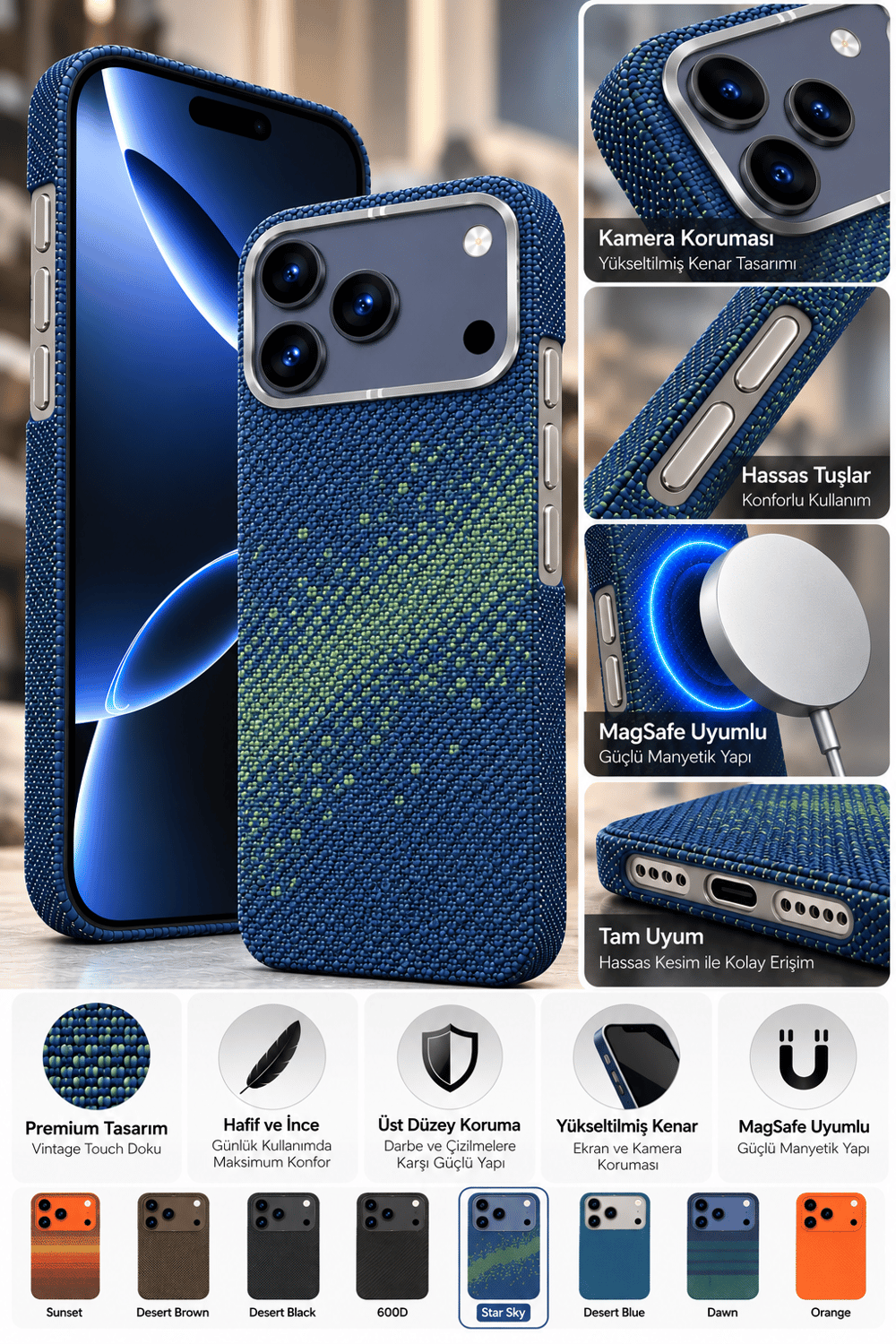 Vintage Touch Premium iphone 16 Pro Uyumlu MagSafe Kılıf – Özel Karbon Desenli Tasarım, Kamera Koruma, Şık ve Hafif Yapı – Star Sky