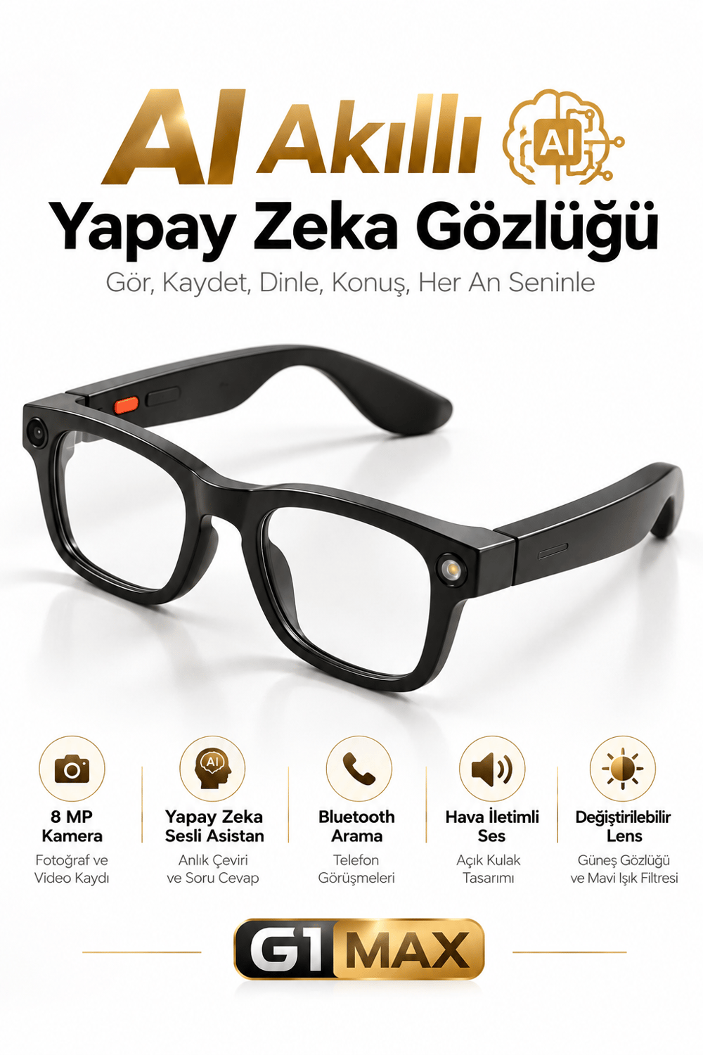 G1 Max Akıllı Gözlük 8 MP Kamera, Yapay Zekâ Destekli Dil Çeviri, Takılabilir Şarj Modülü, Bluetooth ve 3 Değiştirilebilir Lens