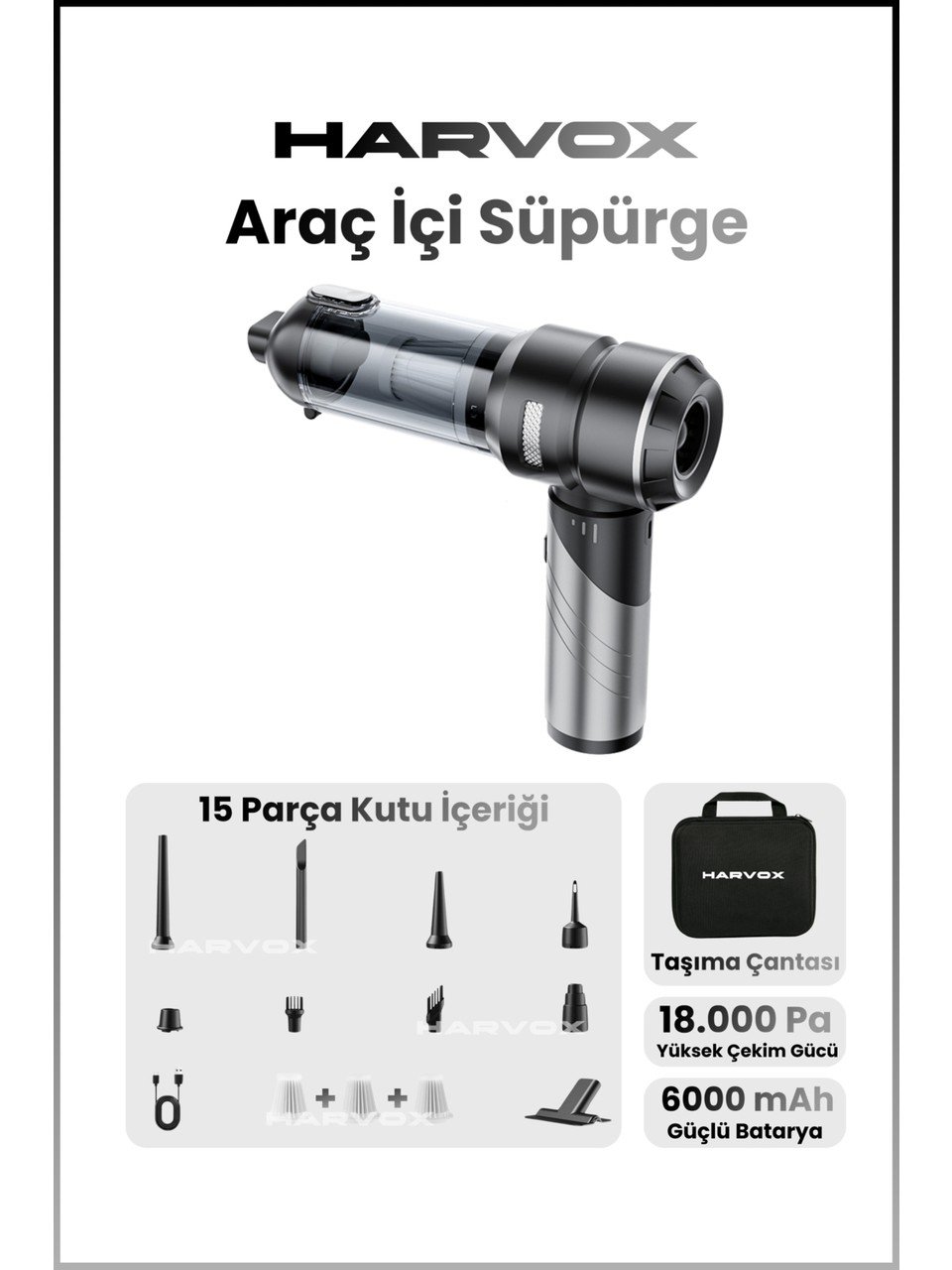 Harvox 18000 Pa Güçlü Araç Süpürgesi – Taşınabilir, 6000 mAh, Üflemeli, Çantalı Gri-Siyah