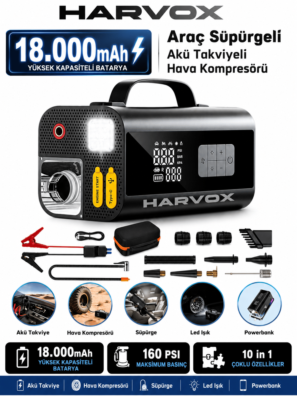 Harvox Süpürgeli Jump Starter Akü Takviye Cihazı 18.000MAH 10 in 1 Powerbank, Hava Kompresörü, LCD EKRAN,