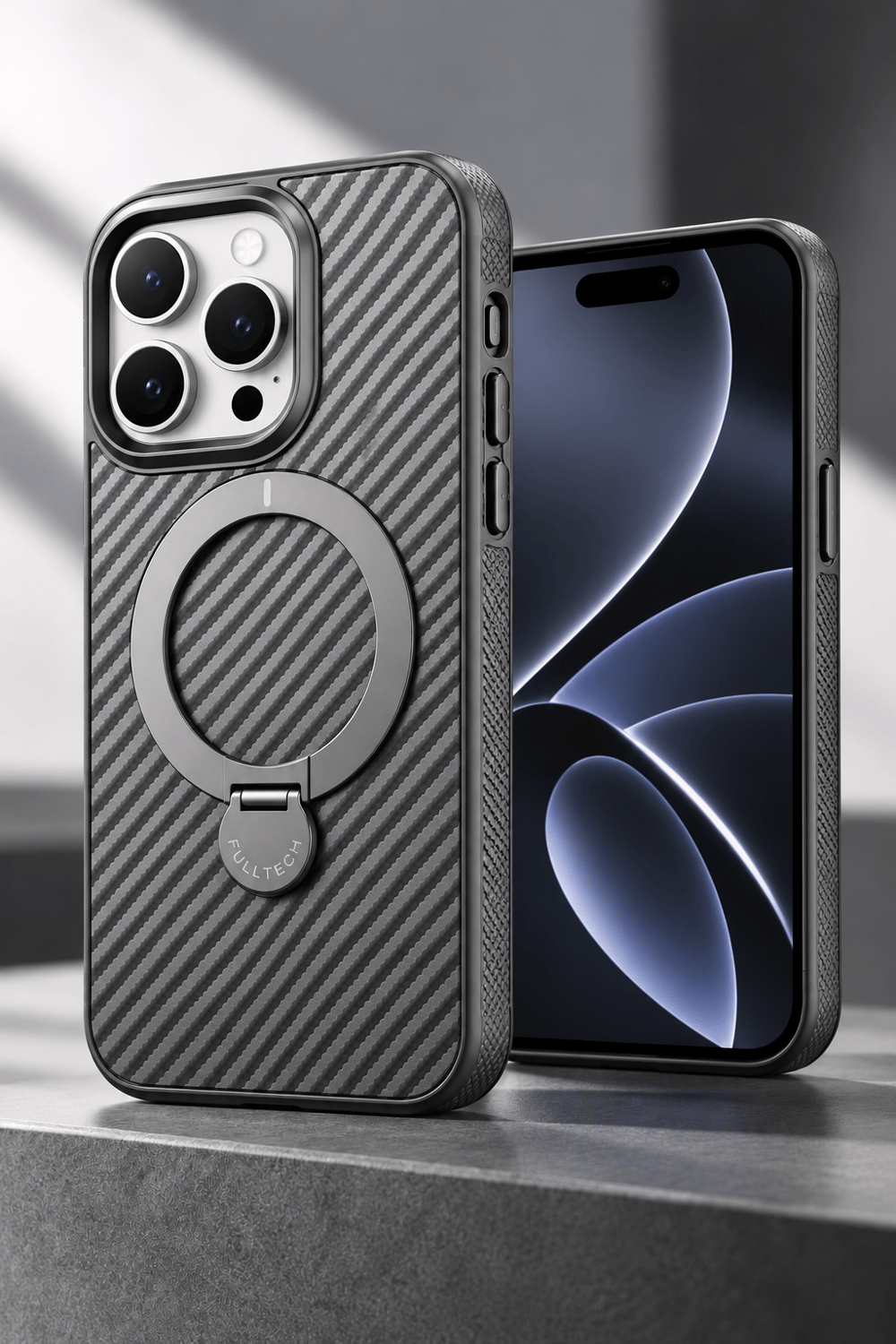 iPhone 15 Pro Max Premium Karbon Desenli Standlı Telefon Kılıfı MagSafe Uyumlu Kamera Korumalı - Gri