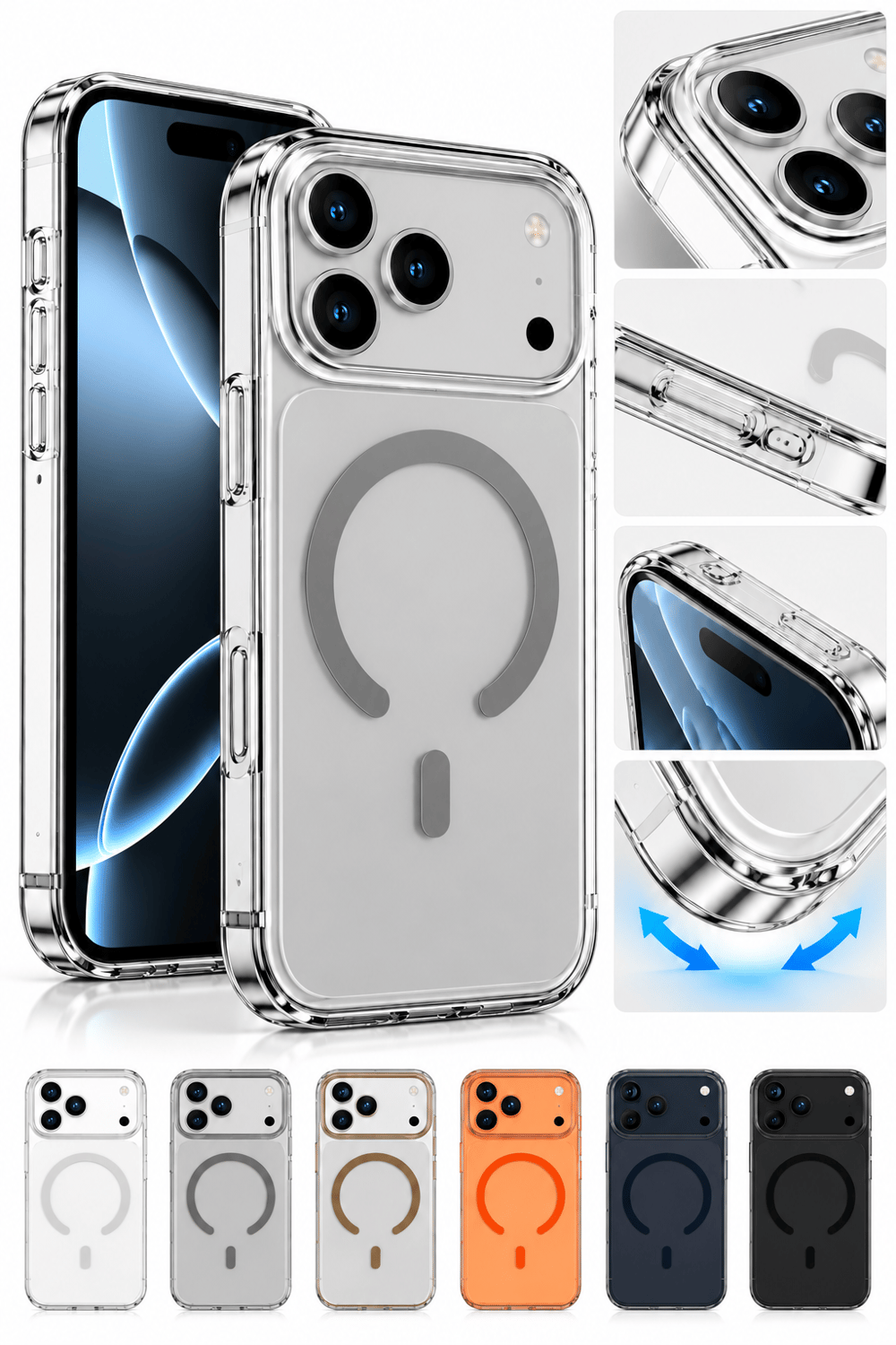 iphone 16 Pro Max Premium Şeffaf MagSafe Telefon Kılıfı – Güçlü Manyetik Şarj Destekli, Darbe Emici, 2 mm Yükseltilmiş Kenar, Kamera Korumalı – Titanyum Grey