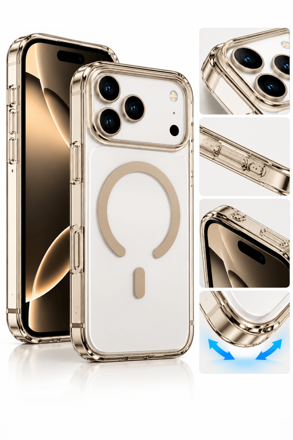 iphone 16 Pro Max Premium Şeffaf MagSafe Telefon Kılıfı – Güçlü Manyetik Şarj Destekli, Darbe Emici, 2 mm Yükseltilmiş Kenar, Kamera Korumalı – Desert Gold
