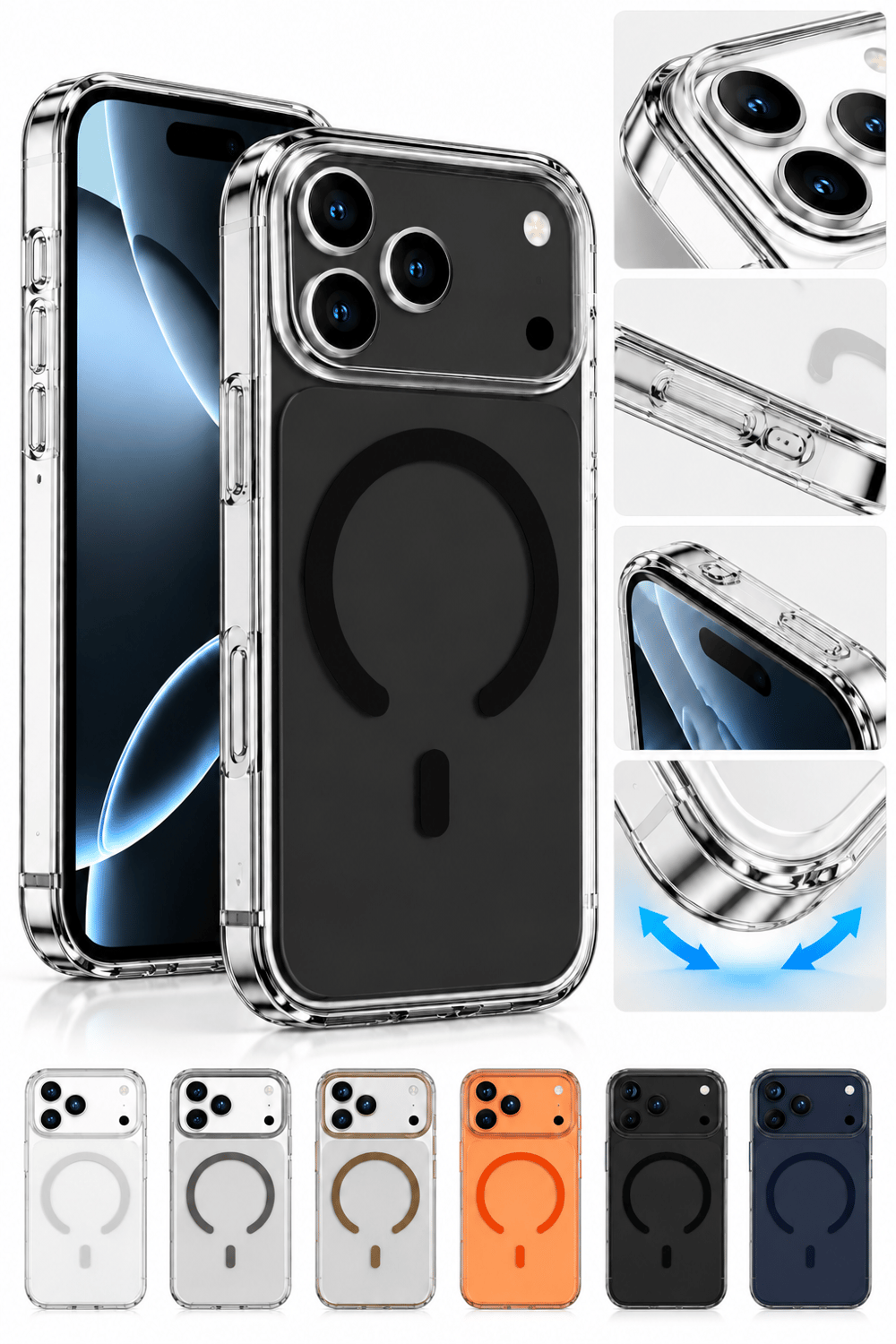 iphone 17 Premium Şeffaf MagSafe Telefon Kılıfı – Güçlü Manyetik Şarj Destekli, Darbe Emici, 2 mm Yükseltilmiş Kenar, Kamera Korumalı – Black
