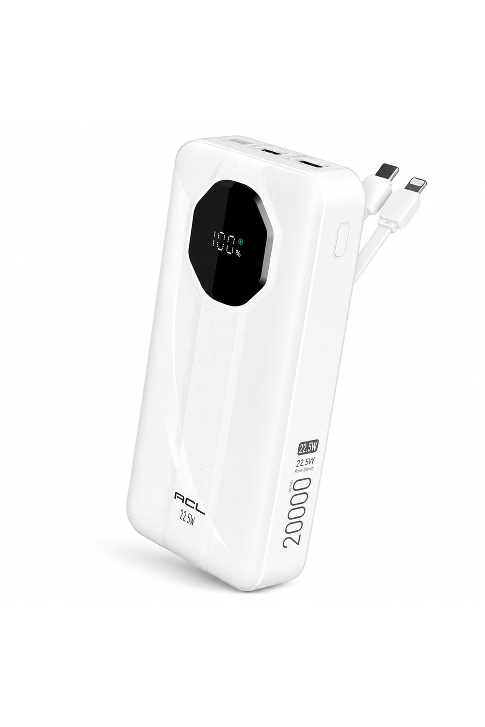 PW-107 20.000 mAh Powerbank 22.5W Hızlı Şarj Dahili Type-C Lightning Kablolu LCD Göstergeli 2 USB Beyaz