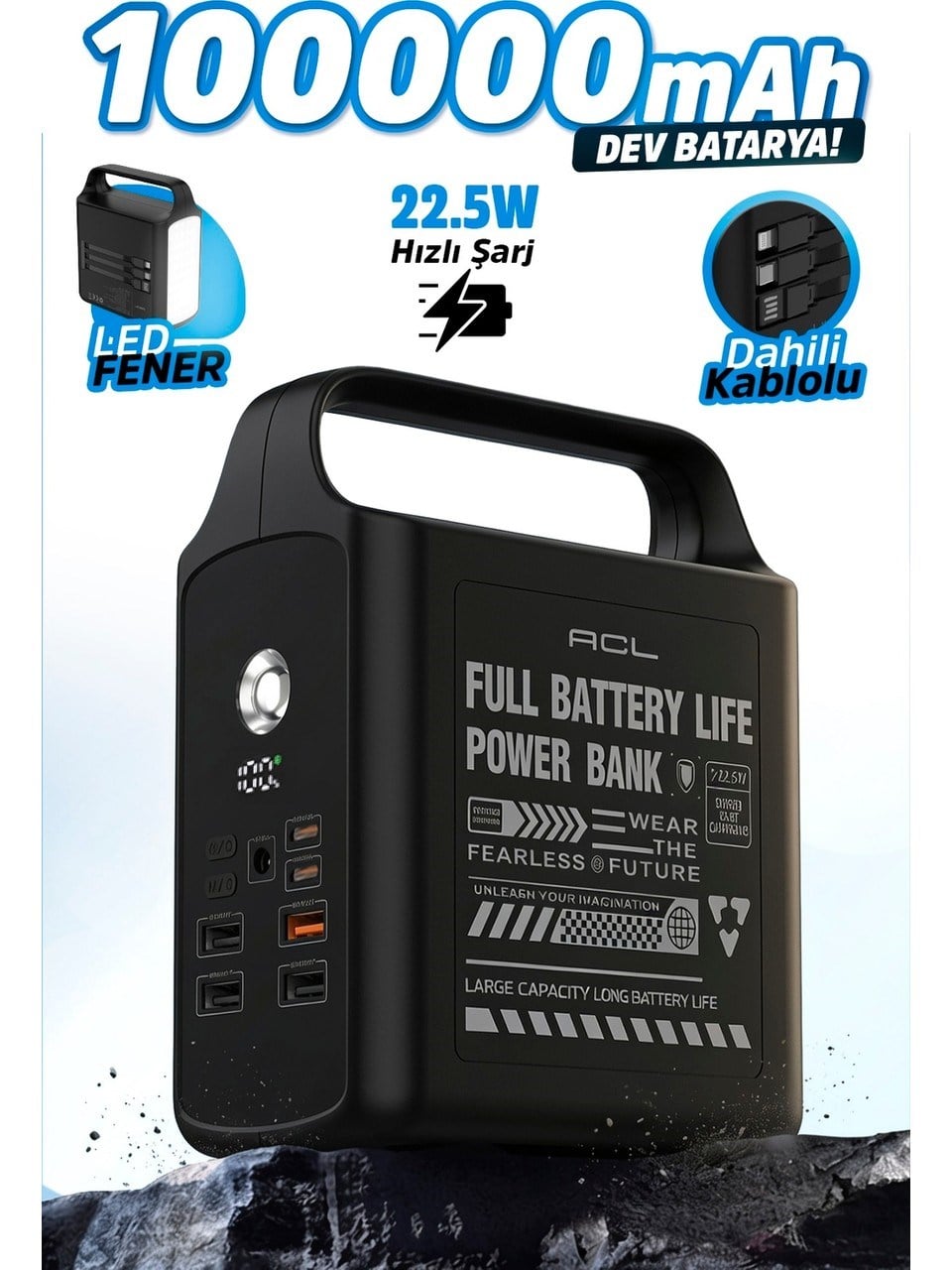 PW-155 100.000mAh Taşınabilir Enerji İstasyonu Powerbank 22.5W Hızlı Şarj Dahili Lightning Type-C Kablolu 4 USB Dijital Ekranlı LED Kamp Feneri