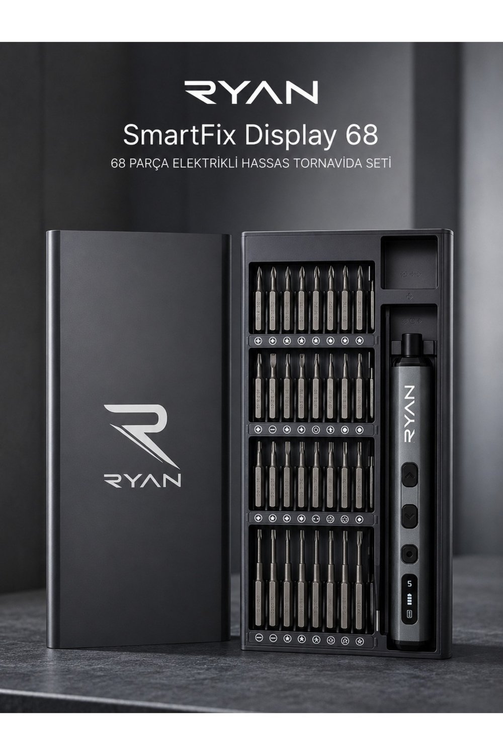 Ryan 68 Parça Elektrikli Hassas Tornavida Seti – Şarjlı, Dijital Ekranlı, 5 Kademe Torklu Telefon Laptop Tamir Kiti