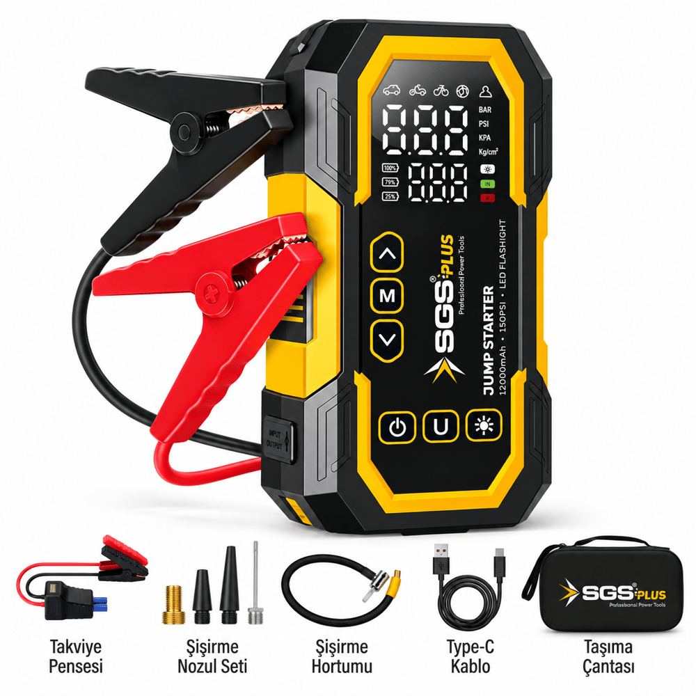 SGS Plus SGS5399 4'ü 1 Arada Akım Korumalı Akü Takviye Cihazı – 12.000 mAh Powerbank, 150 PSI Lastik Şişirme, LED Fener