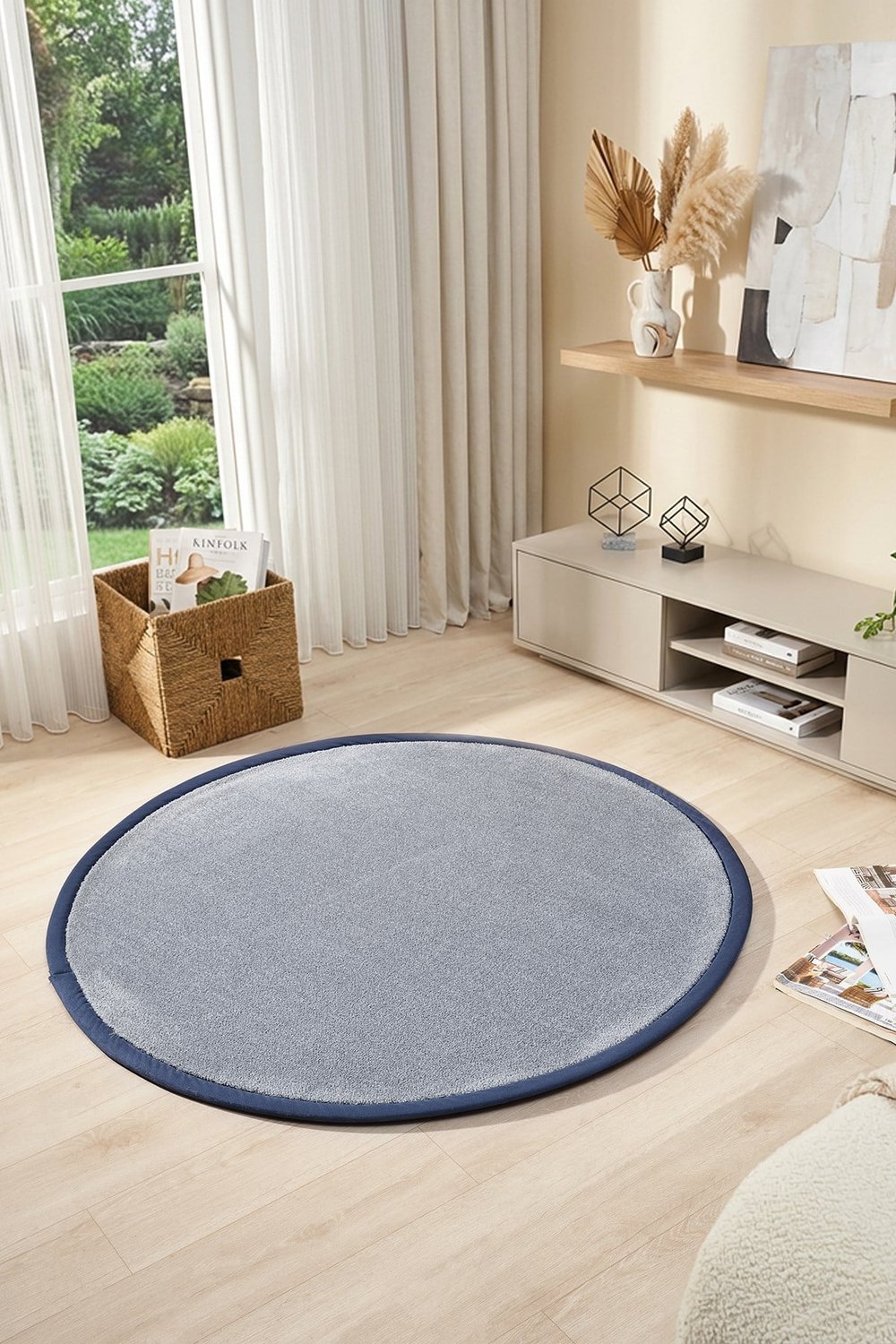 Bali Serisi Bordürlü Yuvarlak Halı Gri Lacivert Süet Kenarlı Mikrofiber Yumuşak Salon Halısı