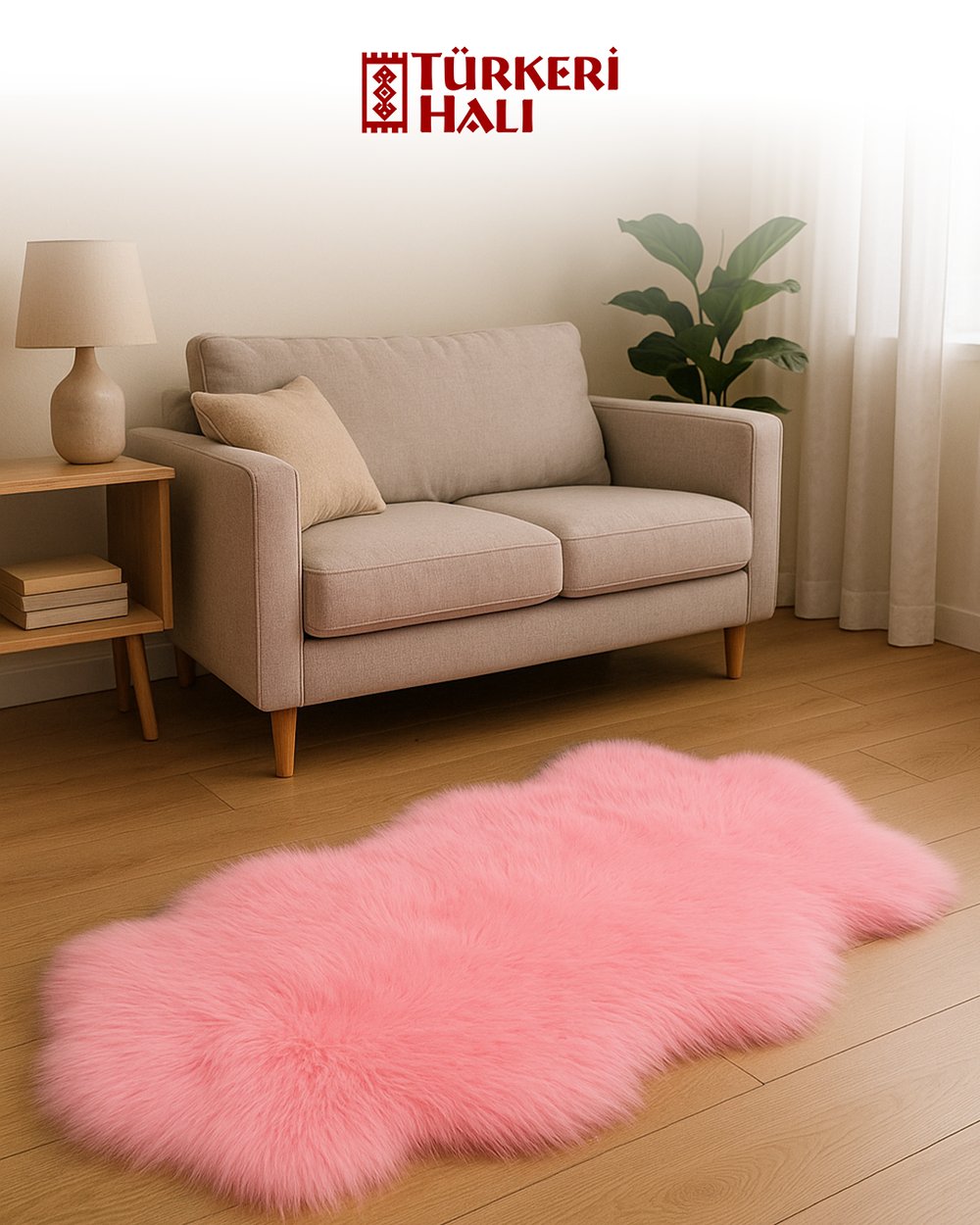 Peluche Pembe Kuzu Post Halı – Ekstra Yumuşak Kaymaz Tabanlı Peluş Post