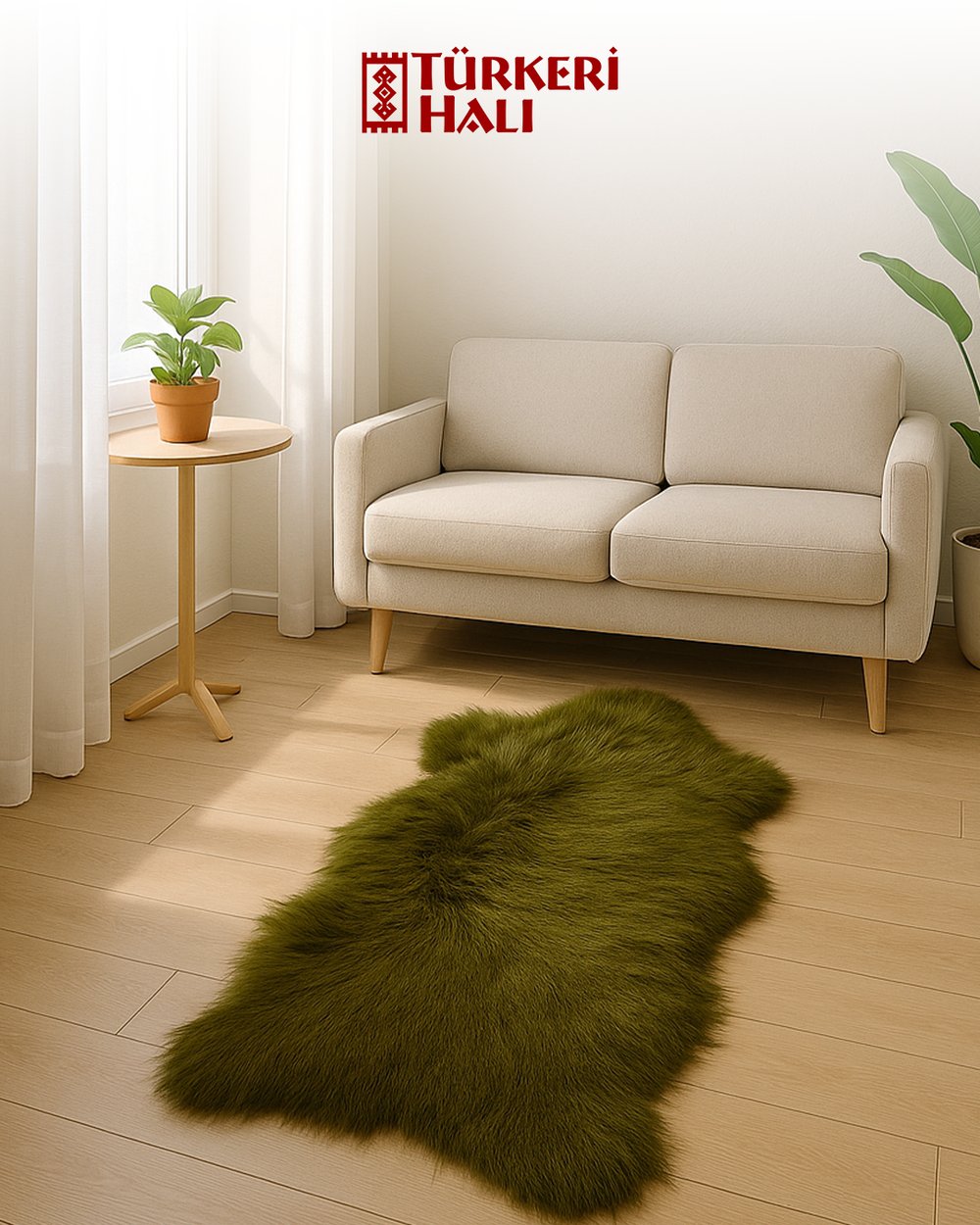 Peluche Yeşil Kuzu Post Halı – Ekstra Yumuşak Kaymaz Tabanlı Peluş Post