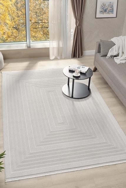 Edge Serisi Krem Modern Salon Halısı – Çerçeve Çizgi Desenli Akrilik Halı