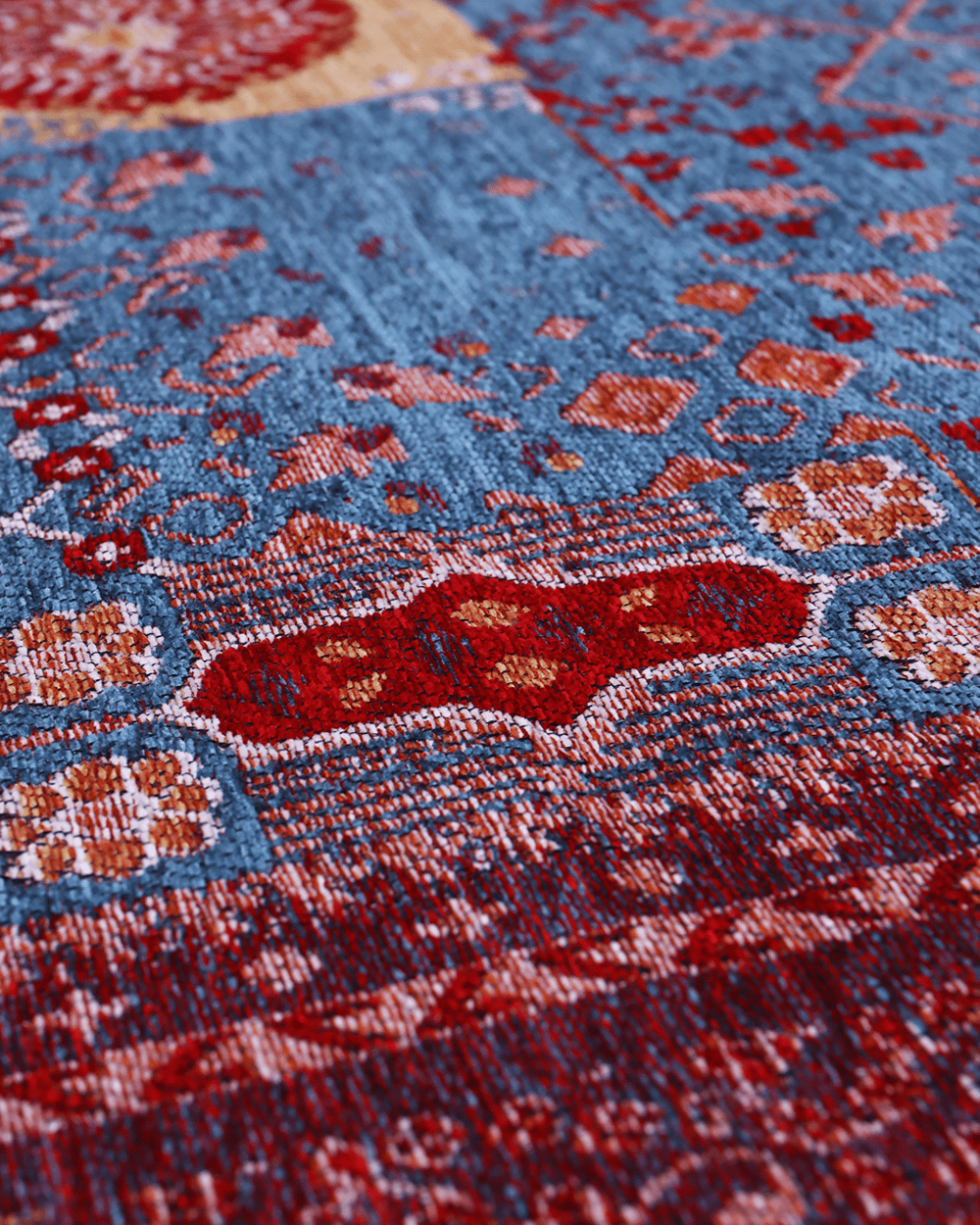 Etnik Mavi Patchwork Halı Geleneksel Desenli Canlı Renkli Bohem Stil Pamuk Taban Kaymaz Yapı Toz Tutmayan Makine Dokuma Özel Ölçü Seçenekli