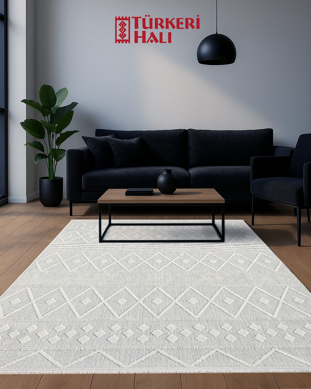 Loopy Gri Etnik Desenli Halı Modern Bohem Stil Pamuk Tabanlı Kaymaz Yüzey Toz Tutmayan Yapı Özel Ölçü Makine Dokuma