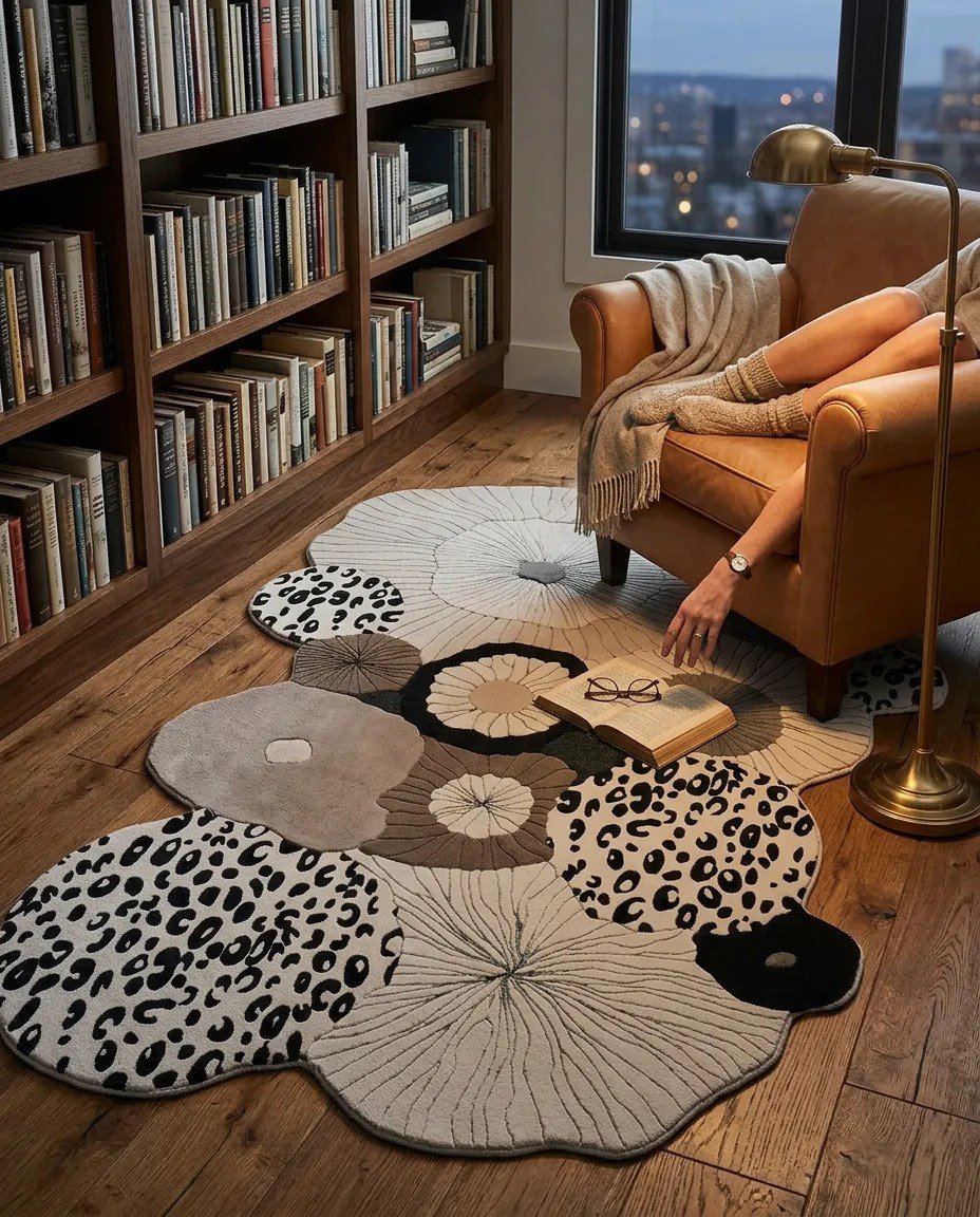 Modern Bej Siyah Amorf Salon Halısı Çiçek Desenli Luxora LX002