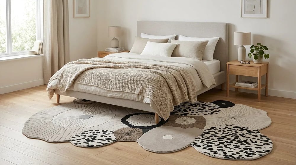 Modern Bej Siyah Amorf Salon Halısı Çiçek Desenli Luxora LX002