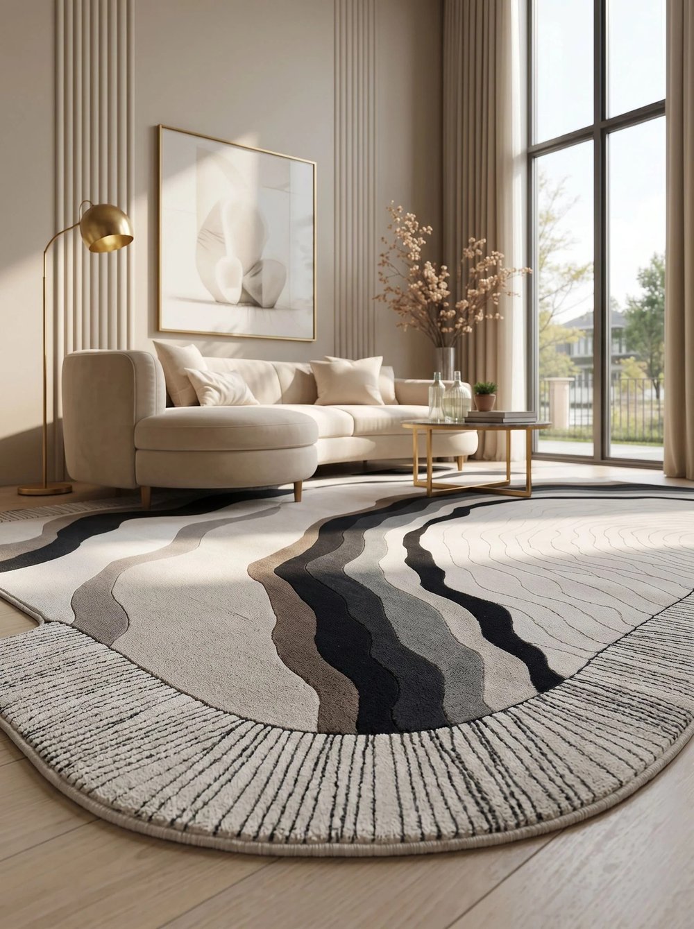 Modern Krem Gri Salon Halısı Dalgalı Desen Luxora LX004