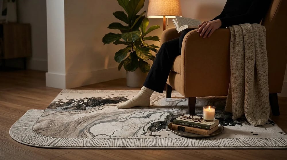 Modern Krem Gri Salon Halısı Mermer Desenli Luxora LX005