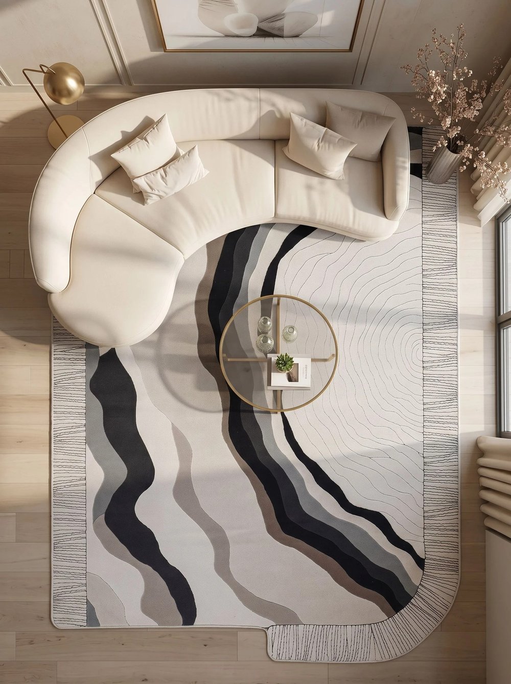 Modern Krem Gri Salon Halısı Dalgalı Desen Luxora LX004