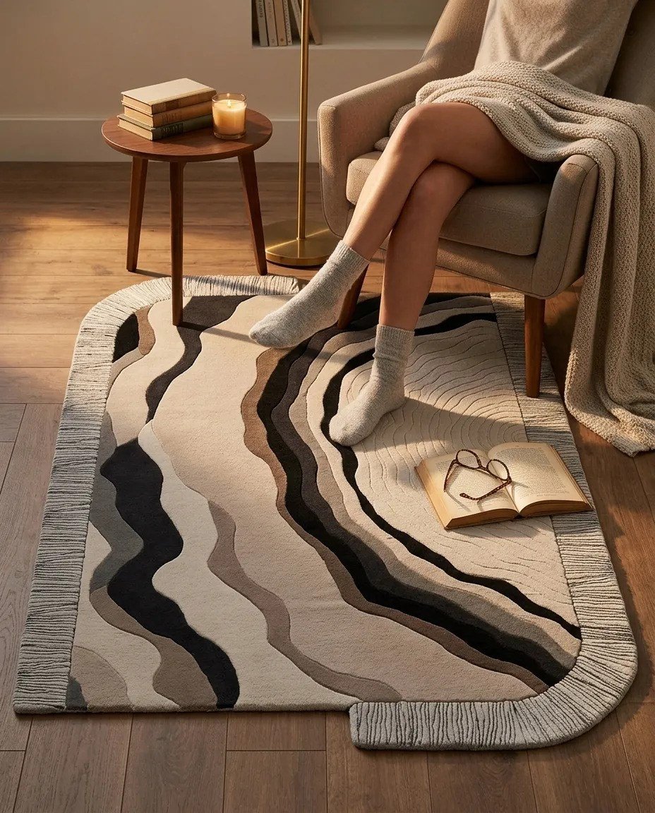 Modern Krem Gri Salon Halısı Dalgalı Desen Luxora LX004