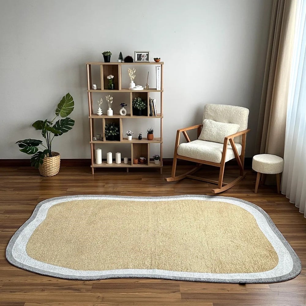 Bej Gri Hardal Organik Kesim Amorf Halı – Modern Salon ve Oturma Odası Halısı