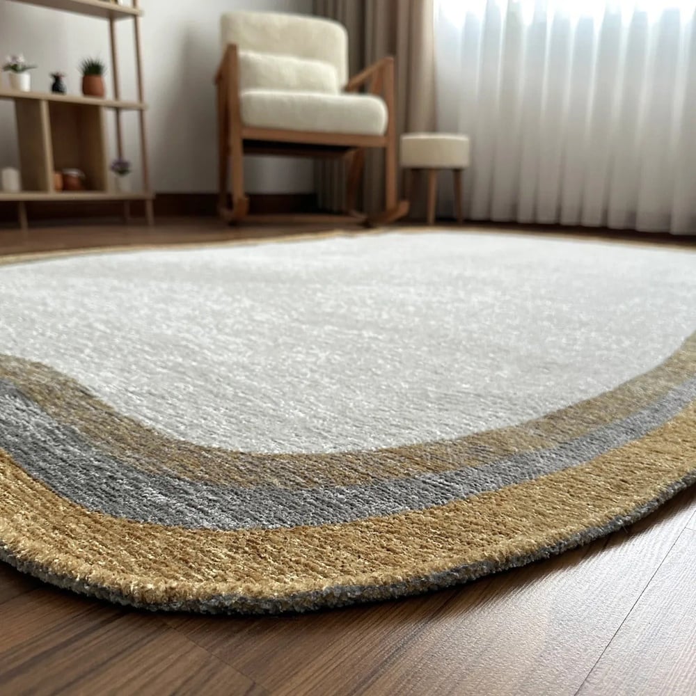 Bej Gri Hardal Organik Kesim Amorf Halı – Modern Salon ve Oturma Odası Halısı