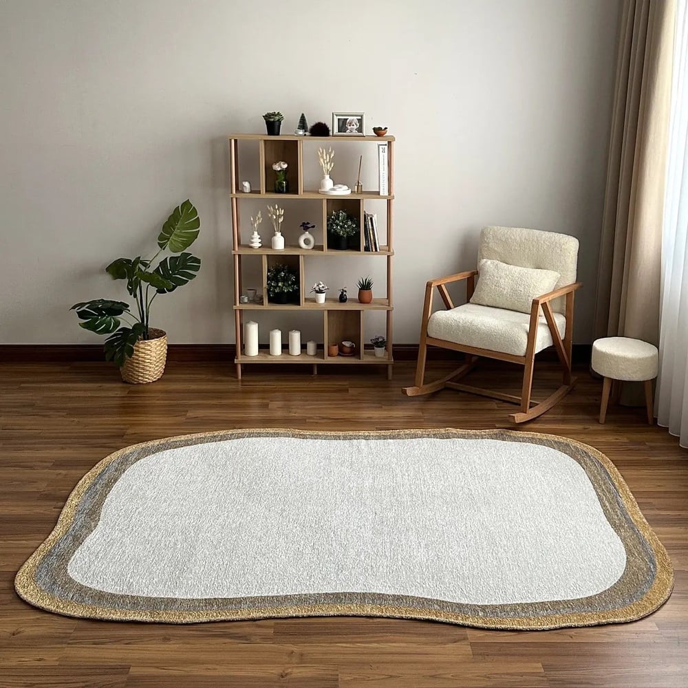 Bej Gri Hardal Organik Kesim Amorf Halı – Modern Salon ve Oturma Odası Halısı