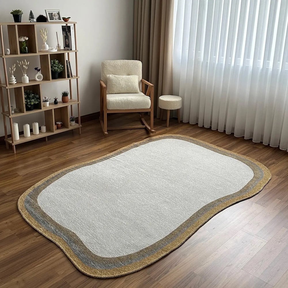 Bej Gri Hardal Organik Kesim Amorf Halı – Modern Salon ve Oturma Odası Halısı