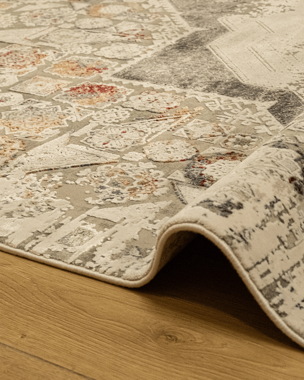 Memlük Krem Gri Vintage Desenli Halı Etnik Orta Motifli Eskitme Desen Bambu İplikli Özel Tezgah Halısı