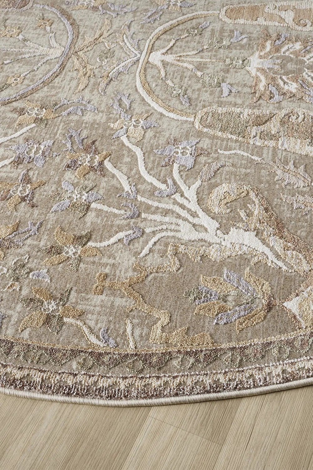Klasik Vintage Desenli Yuvarlak Halı – Bej Krem Salon Halısı