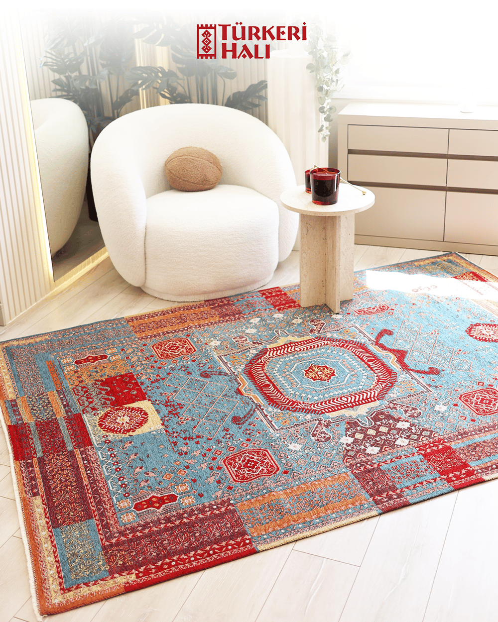 Etnik Mavi Patchwork Halı Geleneksel Desenli Canlı Renkli Bohem Stil Pamuk Taban Kaymaz Yapı Toz Tutmayan Makine Dokuma Özel Ölçü Seçenekli