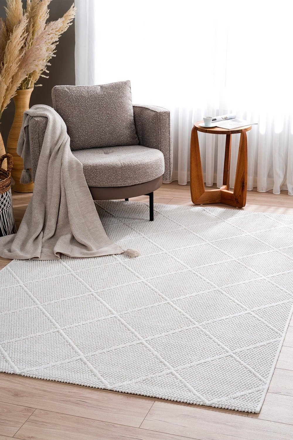 Monard Geometrik Desenli Krem Halı  Pamuk Tabanlı