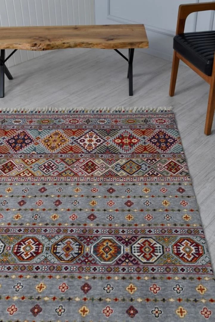 Sultani 806 Gri Yün Halı | Etnik Desen Modern Klasik Salon Halısı