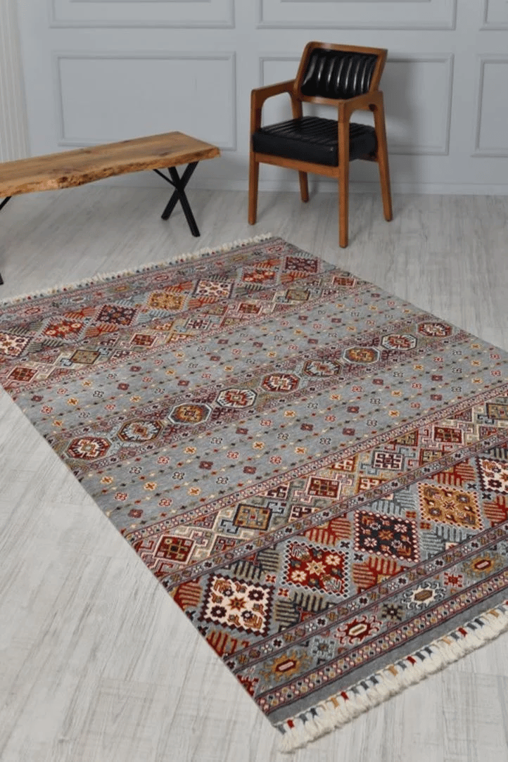 Sultani 806 Gri Yün Halı | Etnik Desen Modern Klasik Salon Halısı
