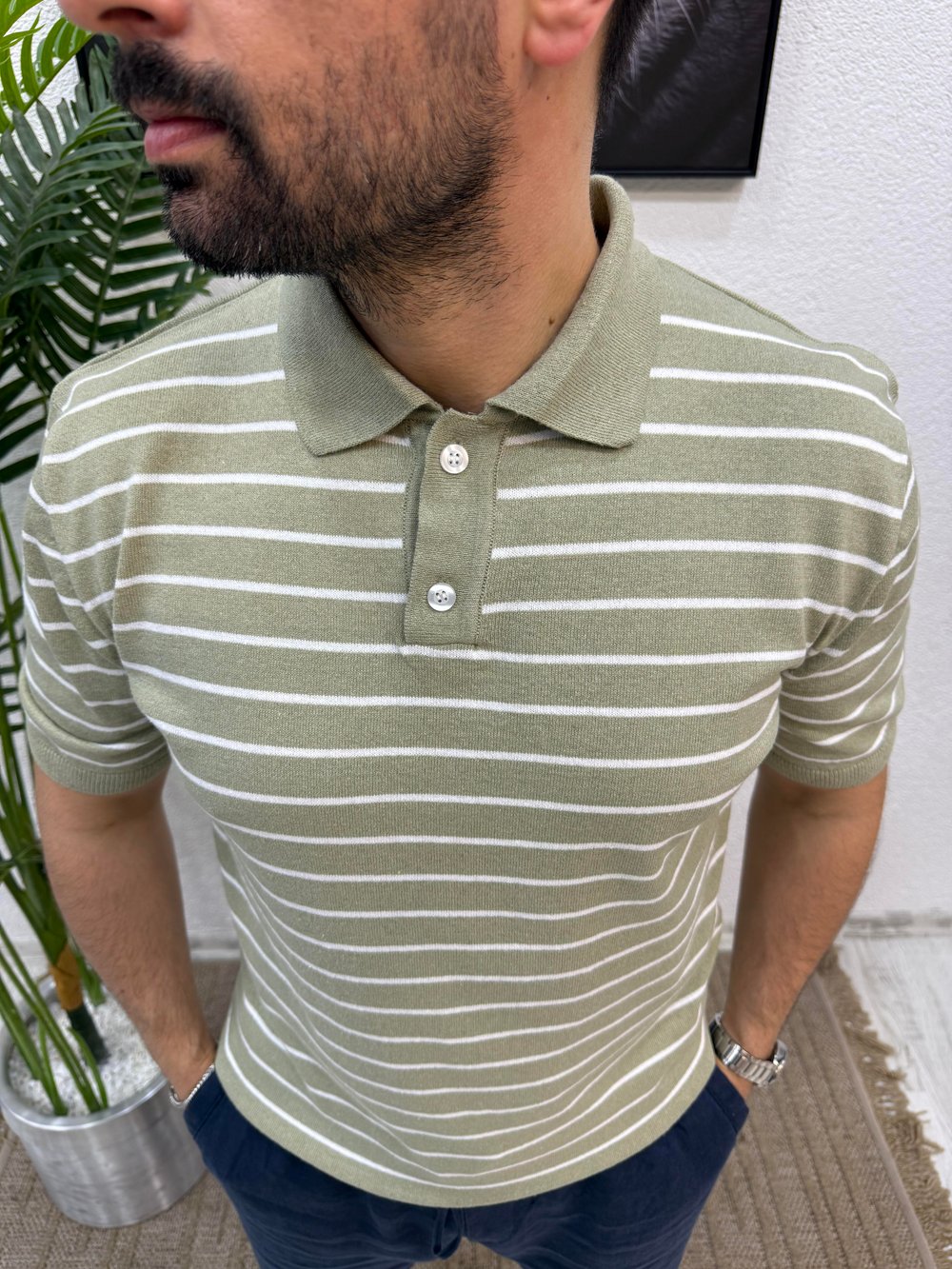   Polo Yaka Çizgili Tshirt Yeşil