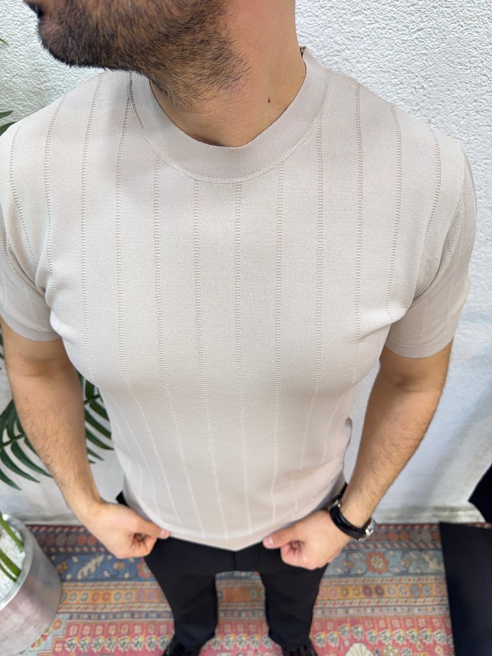 Bisiklet Yaka Rayon Triko T-Shirt -Ekru
