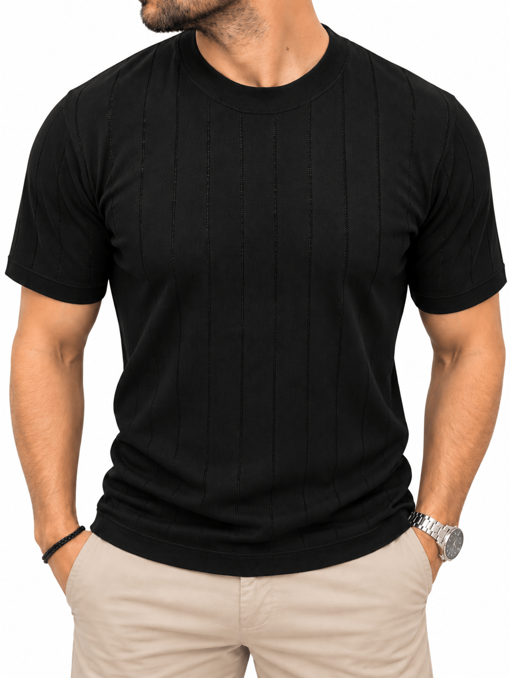 Bisiklet Yaka Rayon Triko T-Shirt -Siyah