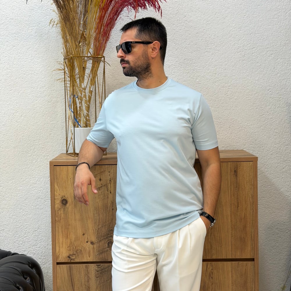 Erkek Basic Rayon Kumaş Tişört-Bebe Mavisi