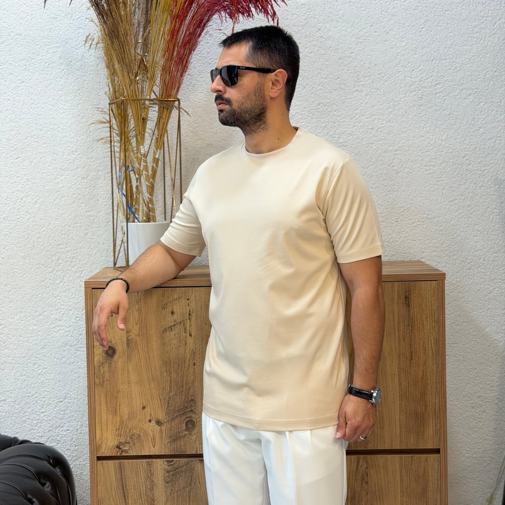 Erkek Basic Rayon Kumaş Tişört-Bej