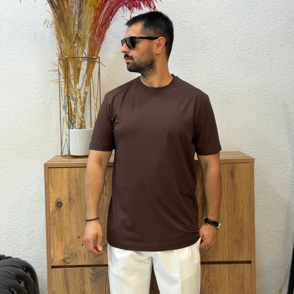 Erkek Basic Rayon Kumaş Tişört-Kahve