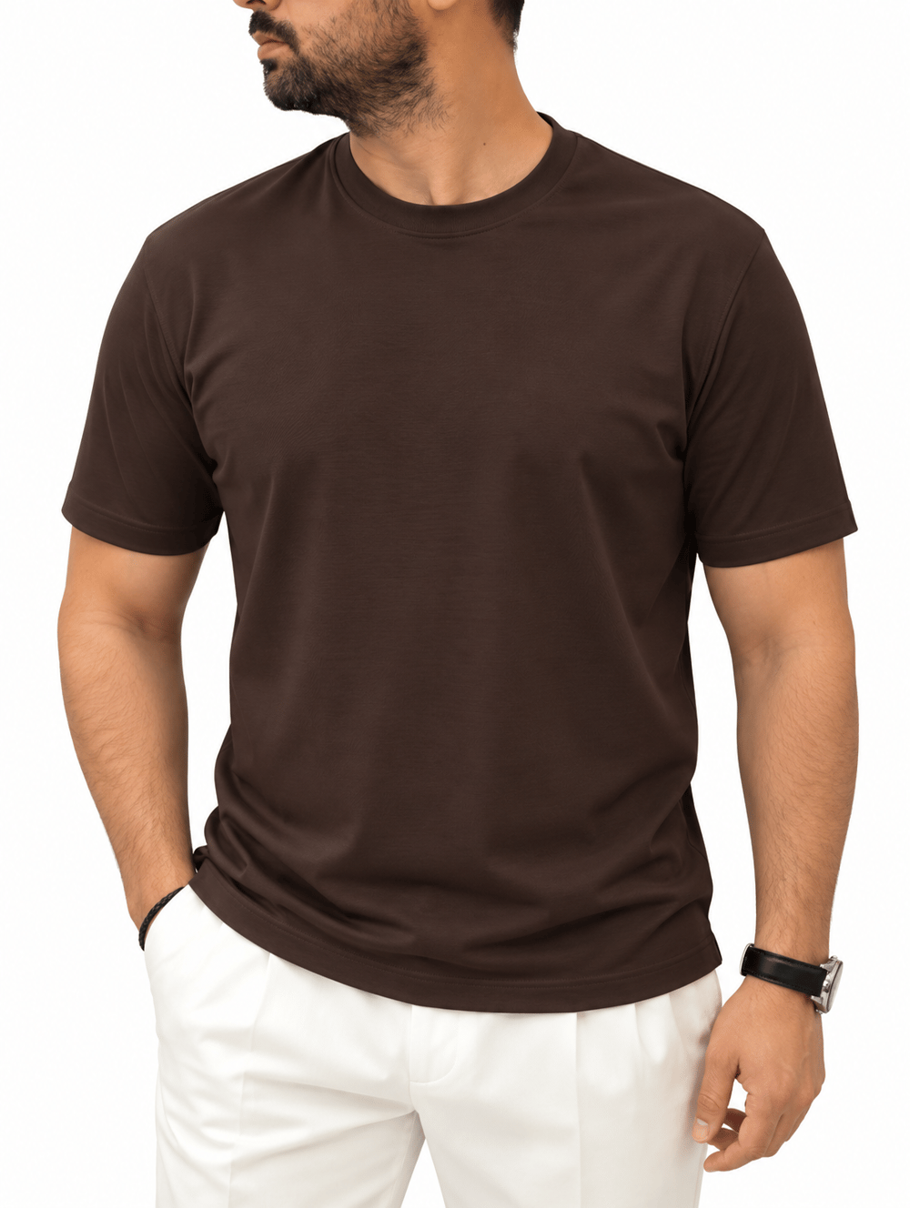 Erkek Basic Rayon Kumaş Tişört-Kahve