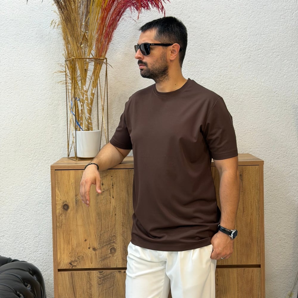 Erkek Basic Rayon Kumaş Tişört-Kahve